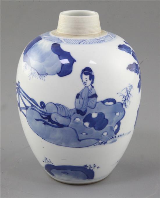A Chinese blue and white small ovoid vase, Chenghua mark, probably Kangxi period, height 14cm